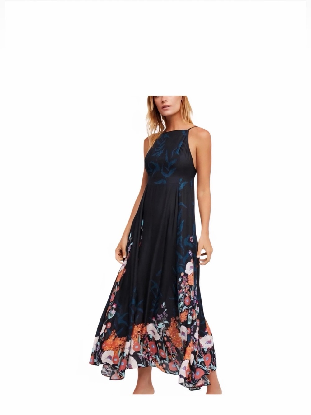 “Embrace it”Sleeveless Black Maxi Dress with Blue Accents and Floral Hem